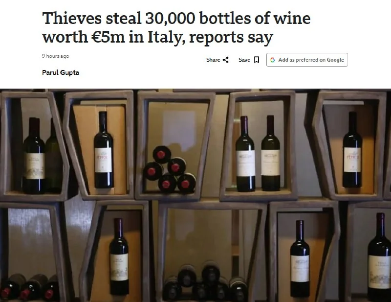 Грабители вывезли с винодельни Antinori 30 тысяч бутылок вина
