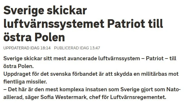 Воздушное прикрытие: Швеция направит Patriot к польскому хабу НАТО